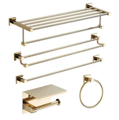 China Wall Mounted Type European Style Gold Set Punch Free Bathroom Hardware Copper Bath Towel Rack Bathroom Hardware Hanger à venda