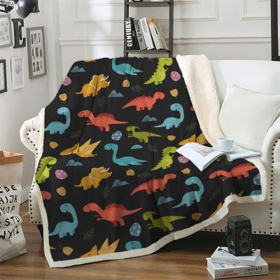 China Anti-Pull Yutong Cute Cartoon Colorful Dinosaur Printed Colorful Sherpa Bedspread Velvet Plush Beds Blanket 150X200Cm for sale