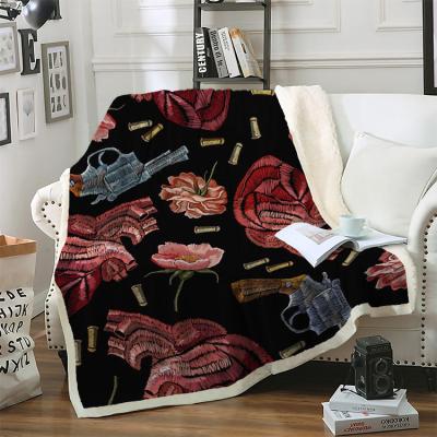 China Anti-Pull Yutong Embroidery Guns Flowers Peonies Printed Sherpa Fleece Blankets For Bed 3D Print Plush Furry Throw Blanket for sale