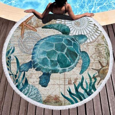 China Sale Ocean Series Sea Turtle Octopus Whale Hippocampus Microfiber Round Beach Towel Microfiber Tassel Bath Mat For Adults QUICK DRY Hot Yoga Mat for sale