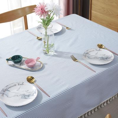 China 2019 new design 100% cotton netting tablecloth Nordic stripe dustproof blue beige for sale