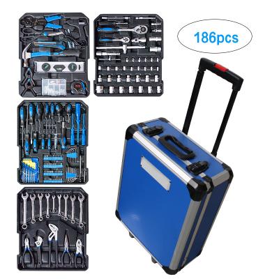 China 186pcs Mulit-purpose Multifunctional Tool Kit With Tools Mechanics Pulls Telescopic Box Blue Aluminum Trolley for sale