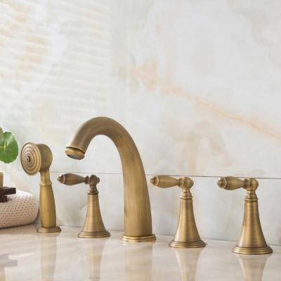 China Antique Brass Thermostatic Faucets 5pcs Bathroom Tub Sink Faucet With Hand Shower Deck Mounted 5 Holes Three Handles Bathtub Faucet 5 Hole for sale