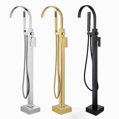 China Without Slide Bar Matte Solid Black High Quality Floor Mounted Tub Shower Faucet Gold Brass Retractable Bathroom for sale