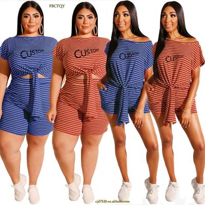 China QUICK DRY Women Clothing Plus Size Fashion Striped Short Sleeve Bodycon Shorts Two Piece Set for sale