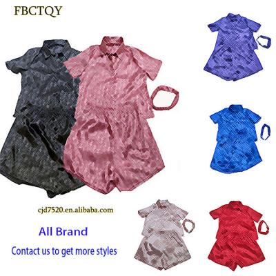 China QUICK DRY Famous Brand Summer Women Silk Short Sleeve Sleepwear With Headband Designer Print 3 Piece Satin Pajamas Sets for sale