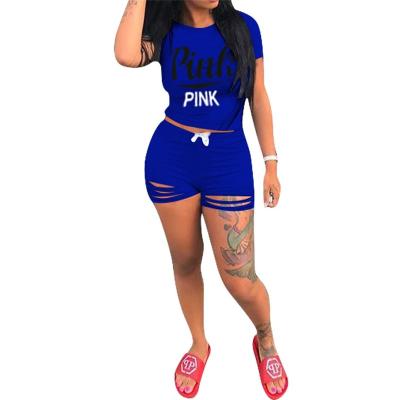 China New pink breathable plus size women casual set and two piece blended fabric and polyester shorts and top letter printed PC for sale