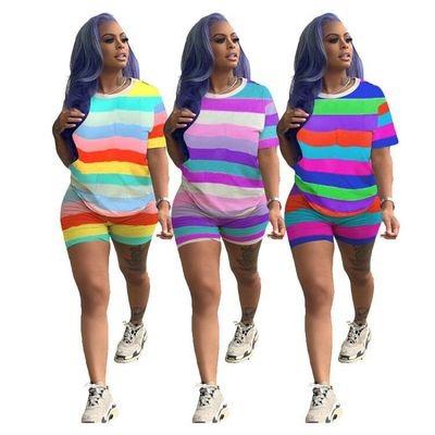 China Wholesale QUICK DRY Rainbow European hot cute stripe fashion leisure sports style fashion factory two-piece suit for sale