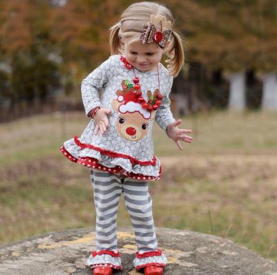 China Christmas Kids Girl Dress Set Of 100% Cotton X MAS Reindeer Ruffle Edge Tops And Pants 2pcs for sale