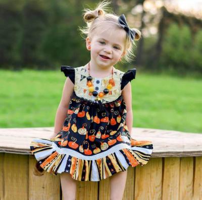 China Sustainable Pumpkin Pattern Printed Halloween Design Kids Girl Black Dress for sale