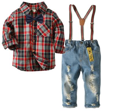 China 100% Cotton 4pcs Toddler Boy Kids Autumn Long Sleeve Shirts And Denim Pants Casual Clothing Set for sale