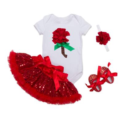 China 3D Anti-Shrink Rose Flower Embroidery Sequin Tutu Skirt Baby Valentine's Day Dress Up Set for sale