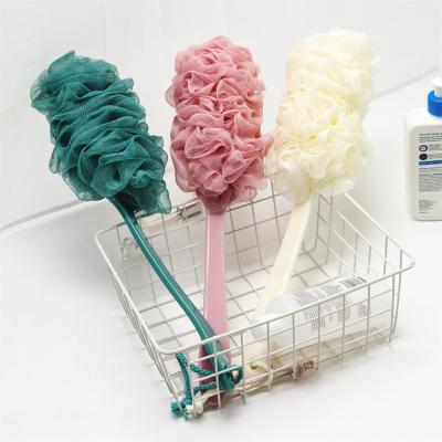 China EXFOLIATE Long Handle Flower Mesh Brush Bath Shower Ball Sponge Body Exfoliating Soft Shower Handle Bath Brush for sale