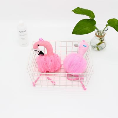 China EXFOLIATE Hot Selling Soft Shape Kids Favorite Pink Flamingo Animal Mesh Bath Scrub Shower Bath Sponge for sale