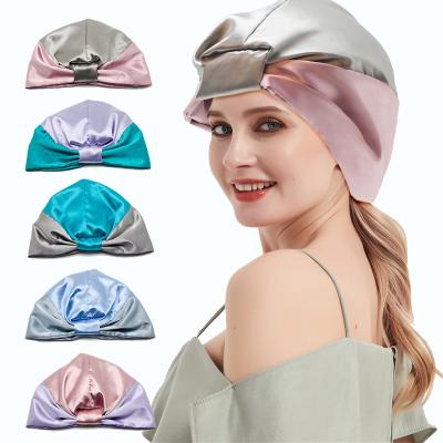 China European and American style double layer knotted style nightcap women color block silk satin bonnet night sleep hat for curly natural hair for sale