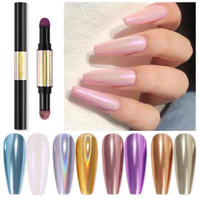 China Nail Art Beauty Double Head Air Cushion Pen Magic Mirror Powder Multi Color Aurora Laser Gold Silver Chrome Solid Nail Glitter Dye Pen for sale