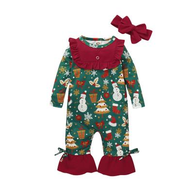 China 2021 Latest Design Newborn Casual Baby Rompers For Christmas Developed Romper With Headband Flower Cotton Baby Sleepwear Free Shipping for sale