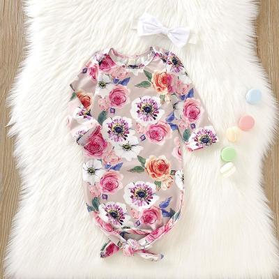 China Casual Drop Shipping 2pcs/set Headband+Nightwear Cute Newborn Flower Printing Cotton Baby Sleepwear Tie Knot Sleeping Bag Night Dress for sale