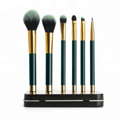 China Angular Blush Synthetic Hair Shiny Black Wood Handle Magnetic End 6pcs Makeup Brush Set With Black Metal Case for sale