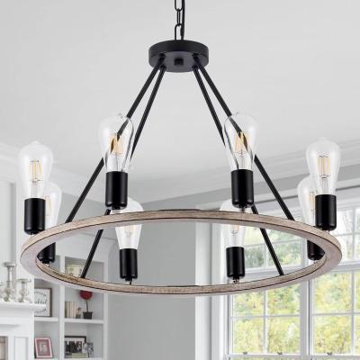 China Wholesale Industrial Retro Farmhouse Style Factory Style Wood Grain Home Border Chandelier for sale