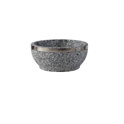 China Disposable Rice Stone Bowl Korean Mixed Bibimbap Rolls Granite Stone Bowl With Wooden Tripod for sale