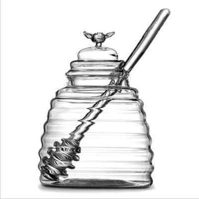 China Unique Empty Food Grade 9oz Clear Borosilicate Design Handcrafted Glass Honey Jar With Dipper for sale