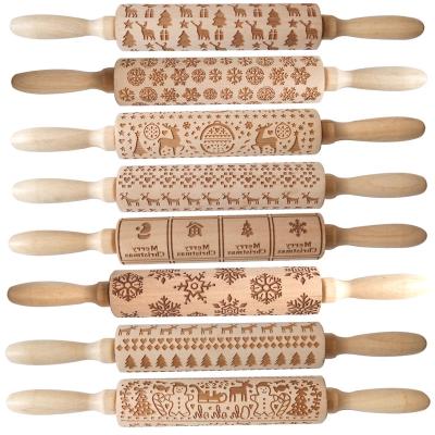 China Rolling 2022 Baking Printed Embossed Wood Cutout Rustic Christmas Pins Kitchen Pin Cookie Noodle Stick Crafts for sale