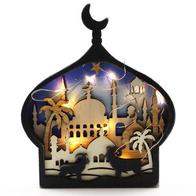 China 2022 Retro New Ramadan Ornaments Wooden Crafts Desktop Eid Al-fitr Carving Castle Decoration Crafts With Led String Light for sale