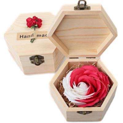 China Custom Luxury Preserved Gift Flower Gift Packaging Wooden Box Hexagonal Soap Flower Packaging Wooden Box for sale