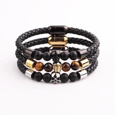 China Natural Skull Logo Bracelet Men Custom Made Genuine Leather Stone Tiger Eye Beads Stainless Steel New Design CLASSIC for sale