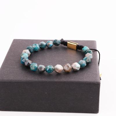 China Customized Women Logo Friendship Macrame Bracelet Men CLASSIC Natural Gemstone Faceted Apatite Stone Stainless Steel for sale