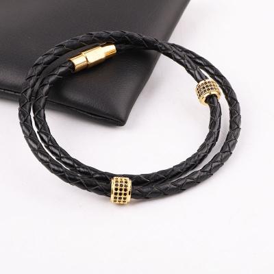 China High Quality CLASSIC CZ Micro Pave Tube Stainless Steel Clasp Multi Layer Genuine Leather Bracelet Men Real for sale