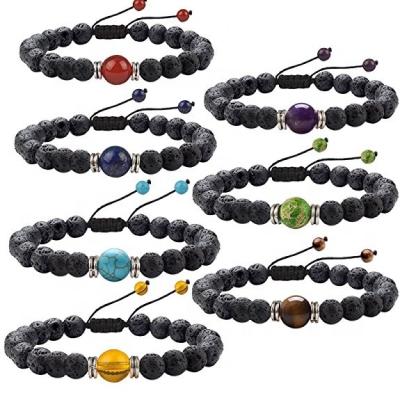 China CLASSIC Cheap 7 Chakra Gemstone Spiritual Beads Men&Women Lava Stone Stretch Diffuser Macrame Bracelet for sale