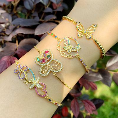 China CLASSIC Hot Sale Simple Design Jewelry18K Gold Plated CZ Rainbow Diamond Brass Butterfly Charm Adjustable Beaded Chain Bracelet Women for sale