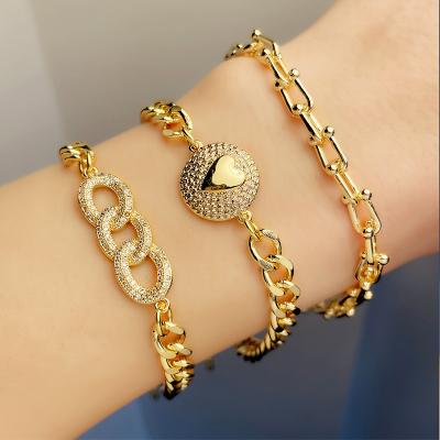 China Hot Selling CLASSIC New Design Jewelry18K Gold Plated CZ Diamond Brass Heart Charm Adjustable Chain Bracelet For Women for sale