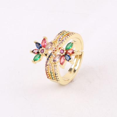 China Jewelry CLASSIC Fashion Style Rainbow Brass 18K Gold Plated CZ Micro Pave Open Flower Ring Women Adjustable for sale