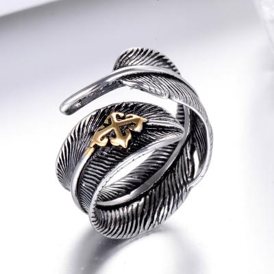 China Creative Design Vintage Punk Jewelry Trendy Gold Plated Stainless Steel Feather Jewelry Wholesale Mens Ring For Gift for sale