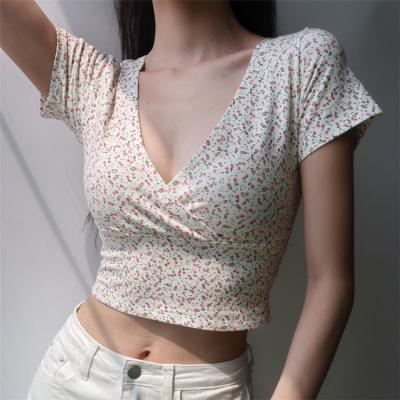 China Fashion Sustainable Crop Tops V Neck Short Sleeve T-Shirts Slim Fit Sexy Basic Summer Women Casual Women for sale