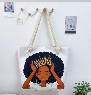 China African American Women Black Shoulder polyester canvas tote bag Handbag Fit Work Beach Laptops With Zip for sale