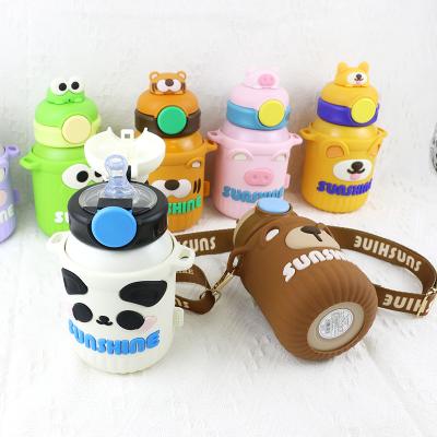 China BPA Free 306 Stainless Steel 550ml Thermos Vacuum Baby Kids Straw Bottle Cartoon Animal Silicone Holder Case for sale