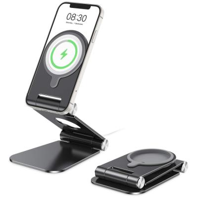 China Magsaf Adjustable Ultra Slim Desktop Wireless Charger Foldable Metal Aluminum Phone Holder Stand For MagSafe Charger for sale