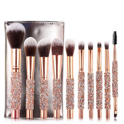 China 10pcs Rose Gold Glitter Handle Diamond Base Makeup Skin-friendly Crystal Brush Set With PU Bag for sale