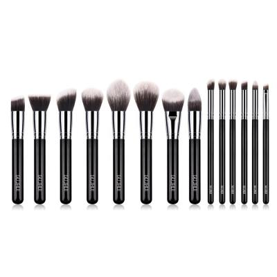 China Angular Blush 14 Piece Black Customizable Professional Kabuki Makeup Brush Set With Wooden Handle for sale