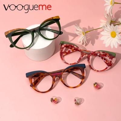 China Fashionable Hot Selling Colorful Acetate Glasses Round Cat Eye Optical Eyeglasses Frames Cute Floral For Women for sale