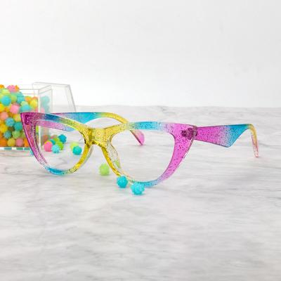 China Latest Customized Fashionable Colorful Plastic Cat Eye Rainbow Frame Optical Bling Girls Eyewear for sale