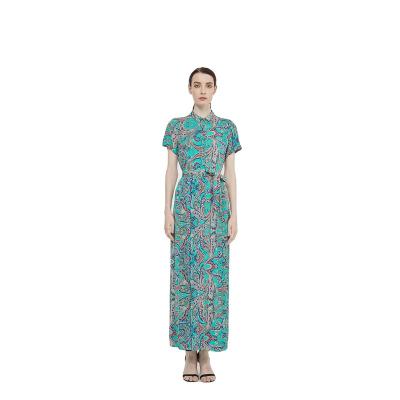 China High Quality Anti-Static Paisley Squishy Print With Button Placket And Shirt Collar Maxi Long Dresses With Self Belt for sale