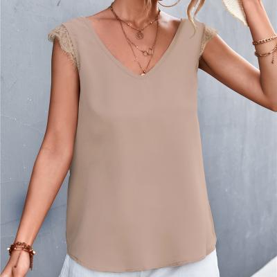 China Hot Selling Viable Women's Front And Back V-Neckline Lace Stitching Sleeveless Casual Top for sale