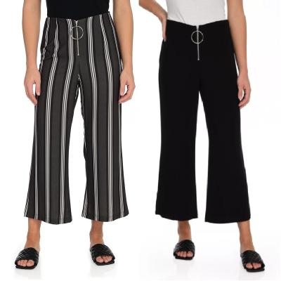 China Parride Woven Fabric Leg O-Ring Zipper Stripe Wide Leg Stretch Ladies High Waist Pants for sale