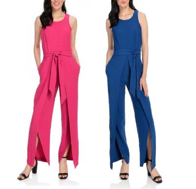 China Anti-pilling Belt Sleeveless Tie-Waist Self Slit Integral Woven Leg Lap Wide Leg Overalls for sale