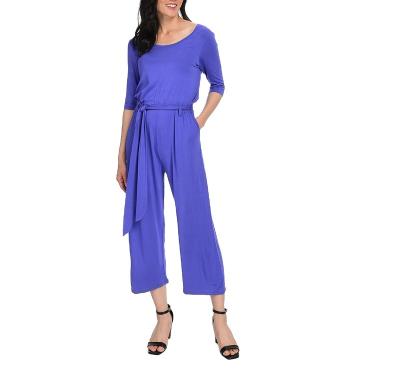 China Anti-pilling stretch knit elastic elbow sleeve waist self belt round neck keyhole back cropped jumpsuit for sale